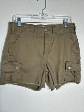 Vigoss Ace High Rise Cargo Shorts Womens Size 28 Olive Brown Raw Hem Stretch